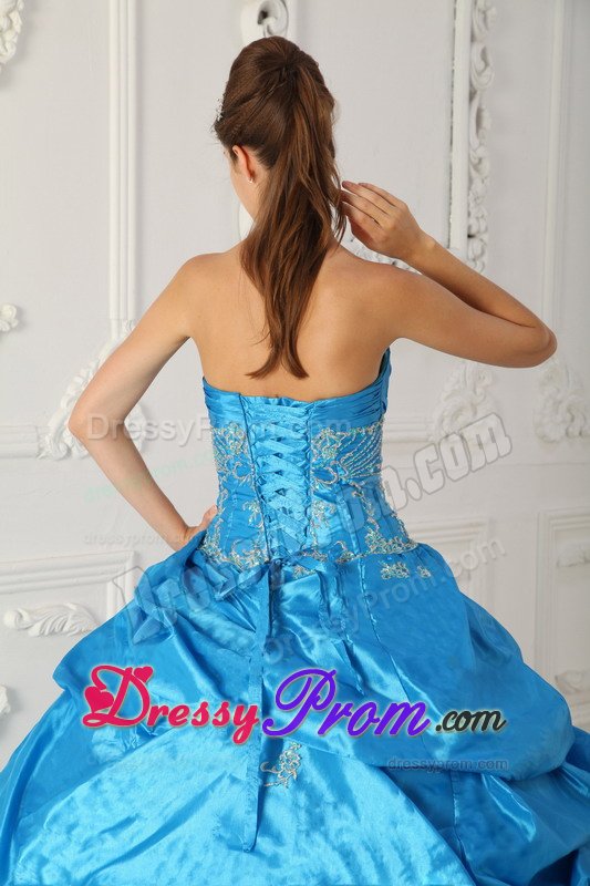 Customized Blue Pick Ups Ruched Appliqued Quinceanera Dress