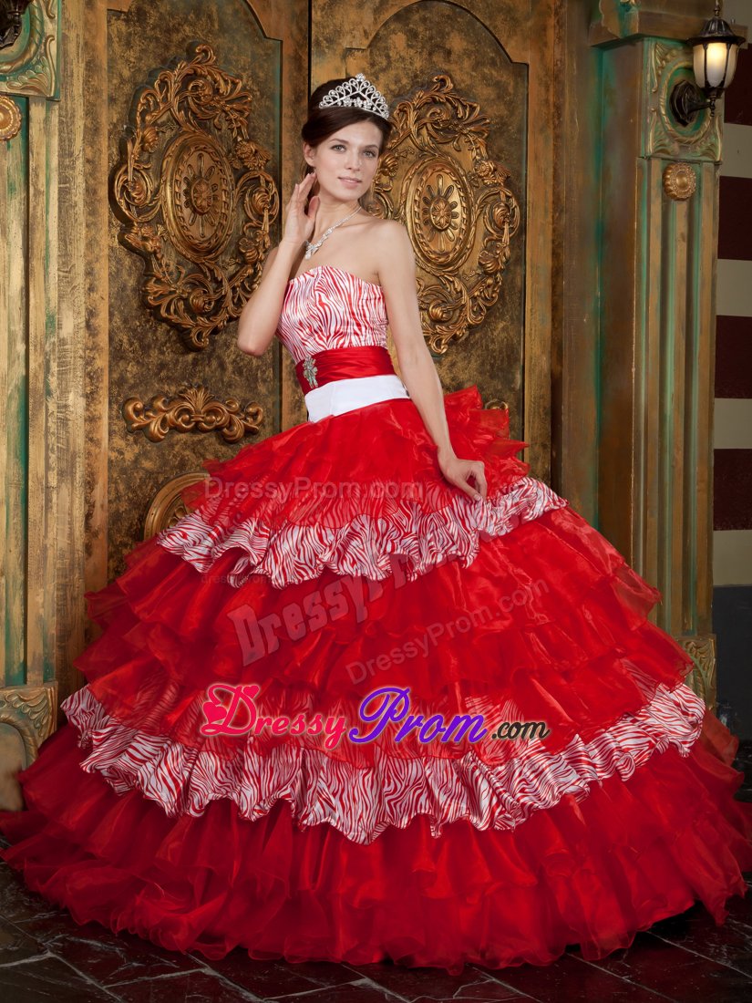Ruffled Layers Strapless Red Zebra Print Quinceanera Party Dress