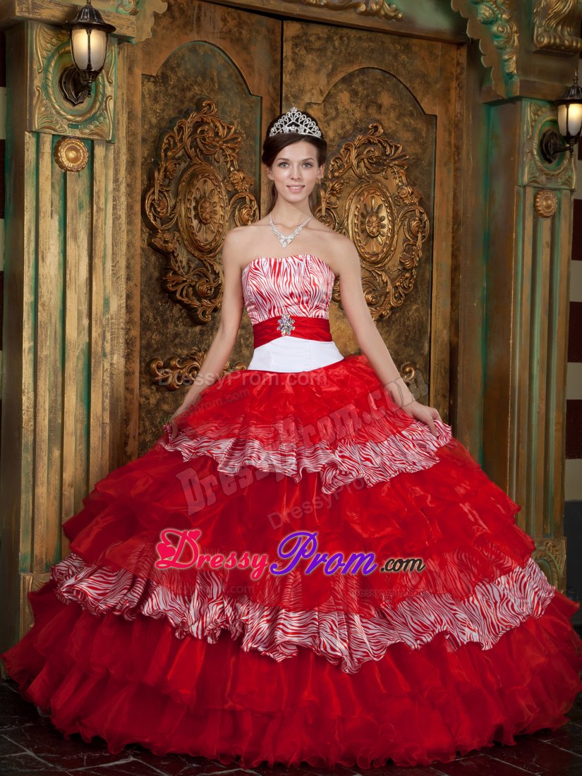 Ruffled Layers Strapless Red Zebra Print Quinceanera Party Dress