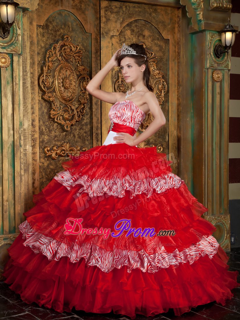 Ruffled Layers Strapless Red Zebra Print Quinceanera Party Dress