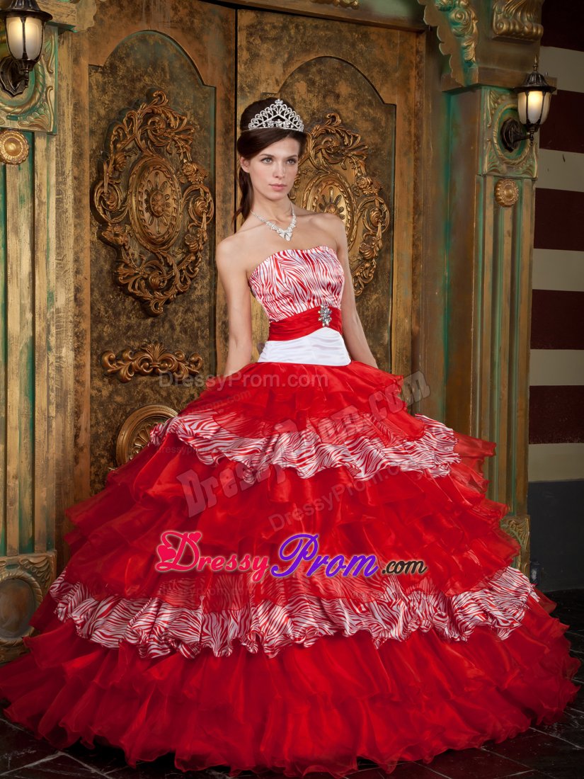 Ruffled Layers Strapless Red Zebra Print Quinceanera Party Dress