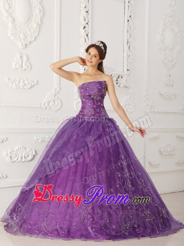 Purple Strapless Organza Quinceanera Gowns with Embroidery 2014