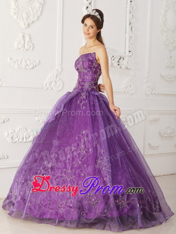 Purple Strapless Organza Quinceanera Gowns with Embroidery 2014