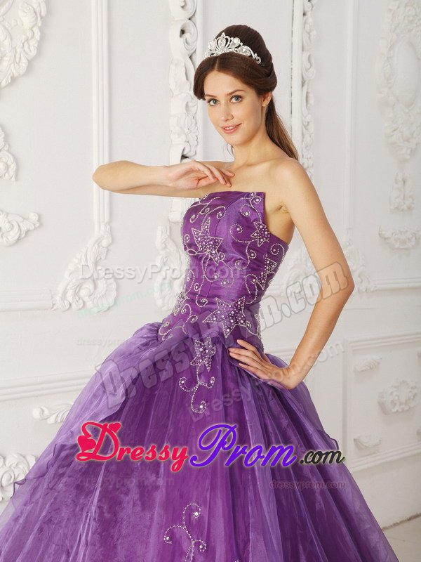 Purple Strapless Organza Quinceanera Gowns with Embroidery 2014