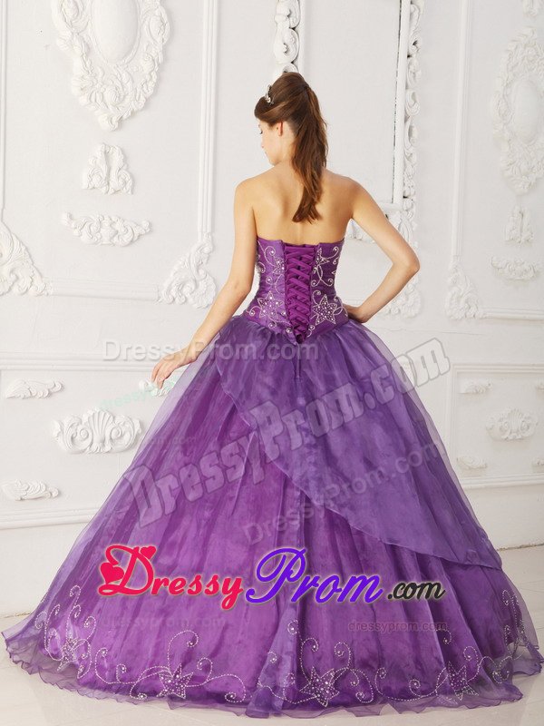Purple Strapless Organza Quinceanera Gowns with Embroidery 2014