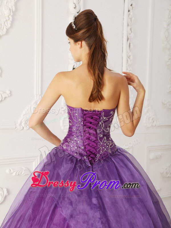 Purple Strapless Organza Quinceanera Gowns with Embroidery 2014