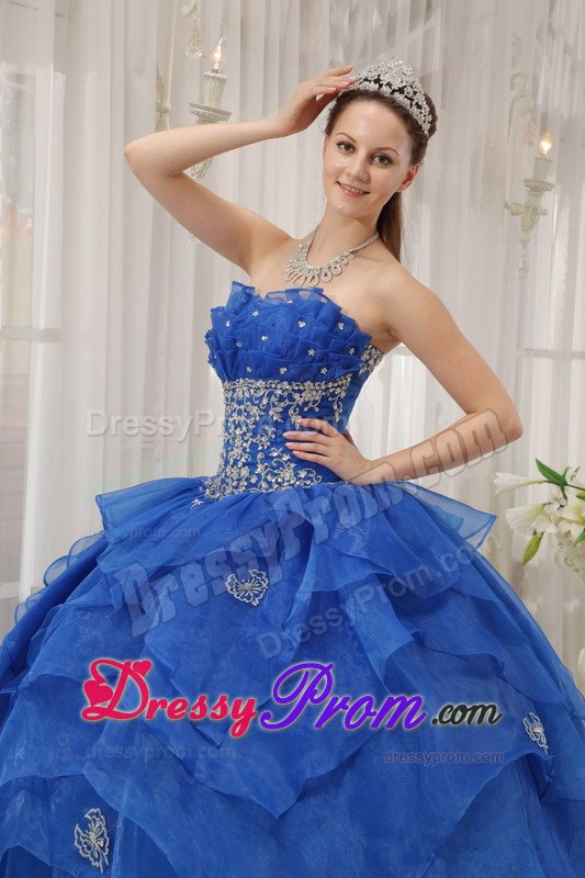 Appliqued and Ruffled Blue Organza Quinceanera Dress Floor Length