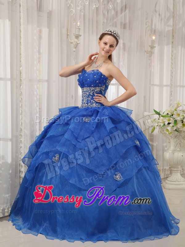 Appliqued and Ruffled Blue Organza Quinceanera Dress Floor Length
