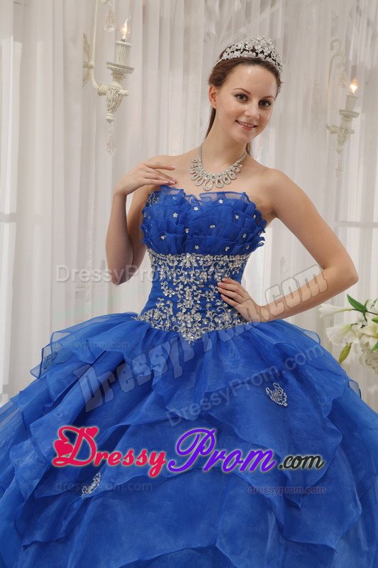 Appliqued and Ruffled Blue Organza Quinceanera Dress Floor Length