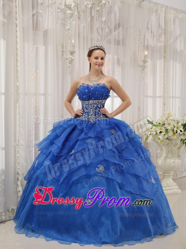 Appliqued and Ruffled Blue Organza Quinceanera Dress Floor Length