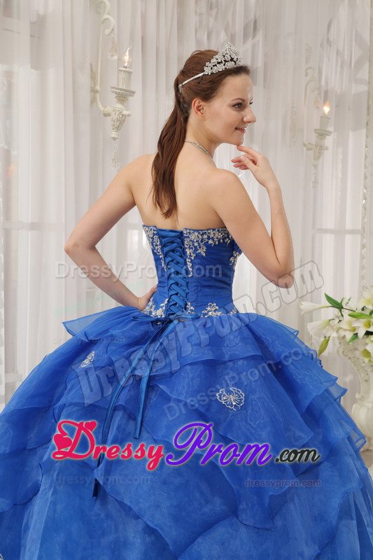 Appliqued and Ruffled Blue Organza Quinceanera Dress Floor Length