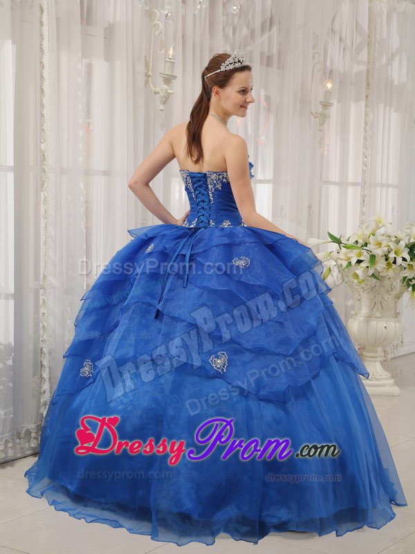 Appliqued and Ruffled Blue Organza Quinceanera Dress Floor Length
