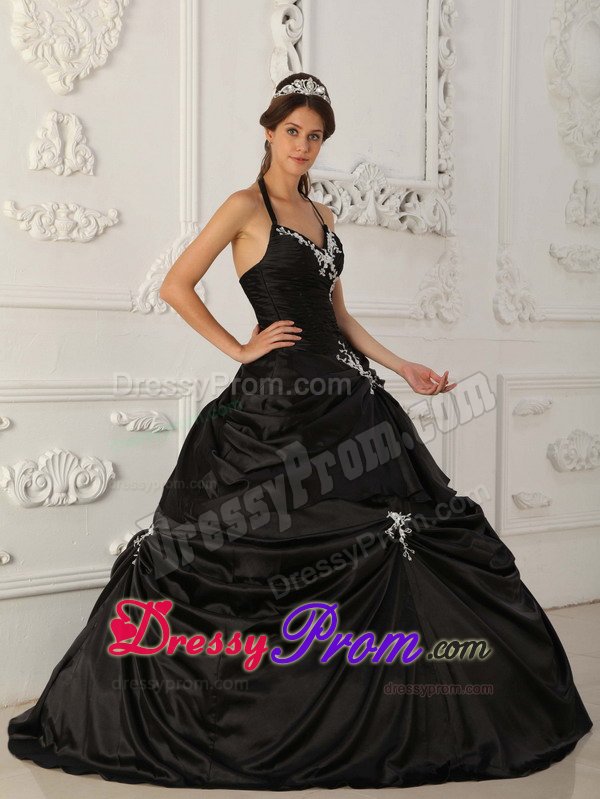 Black A-line Halter Quinceanera Dress with Appliques and Pick ups