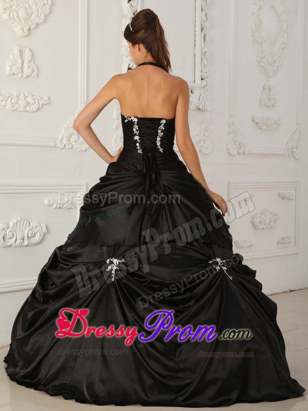Black A-line Halter Quinceanera Dress with Appliques and Pick ups