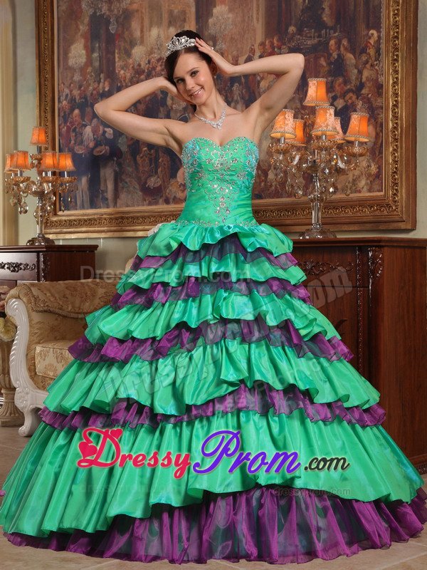 Appliqued Green and Purple Quinceanera Dress with Ruffled Layers