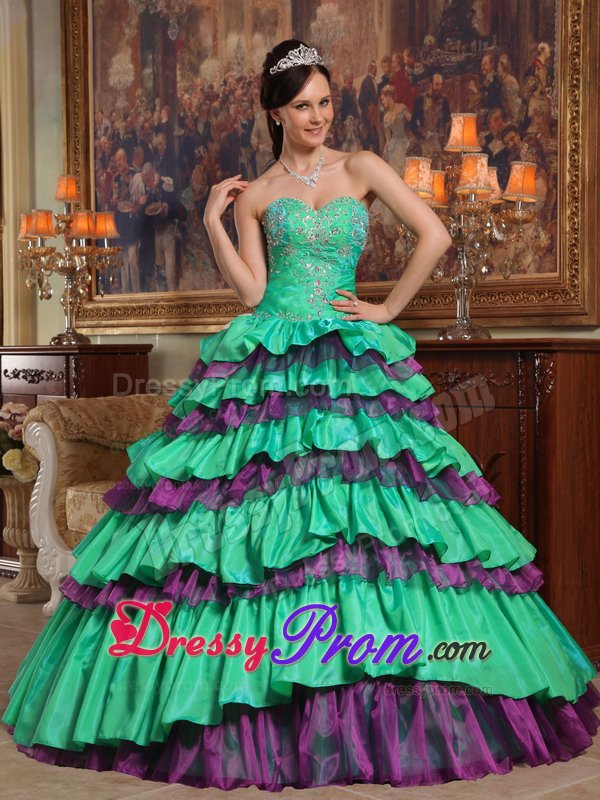 Appliqued Green and Purple Quinceanera Dress with Ruffled Layers