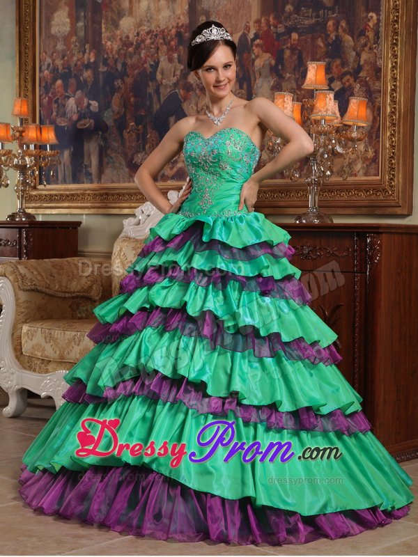 Appliqued Green and Purple Quinceanera Dress with Ruffled Layers