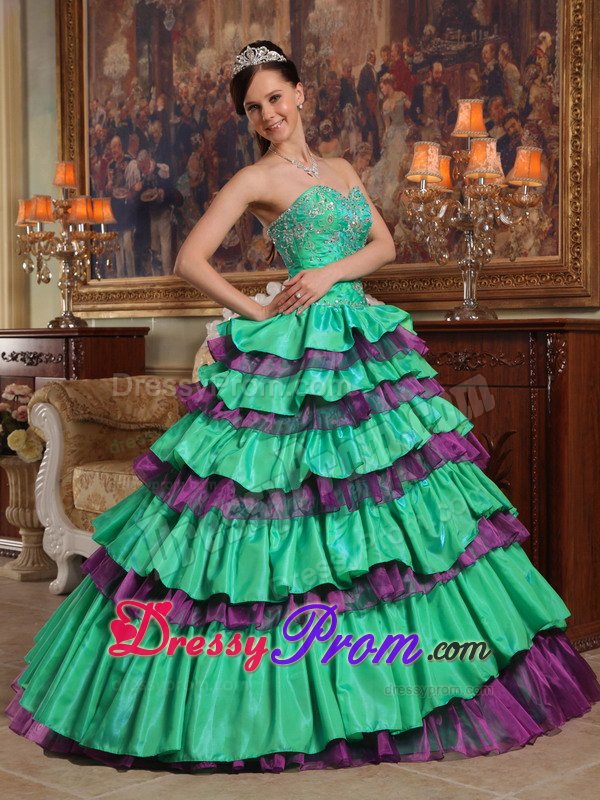 Appliqued Green and Purple Quinceanera Dress with Ruffled Layers