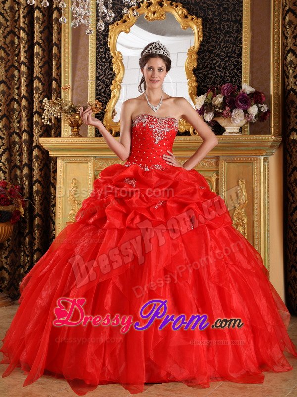 Red Ball Gown Organza Quinceanera Dress with Appliques Pick ups