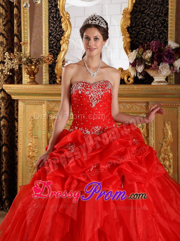 Red Ball Gown Organza Quinceanera Dress with Appliques Pick ups