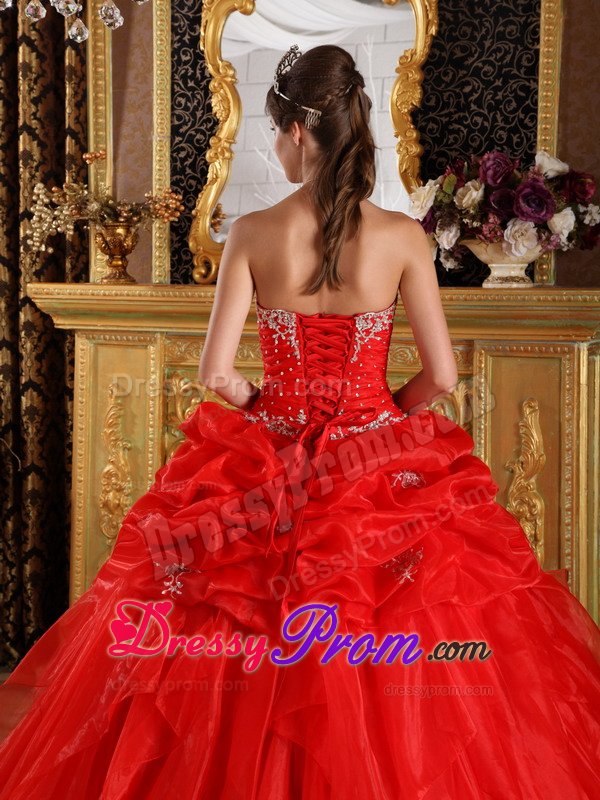 Red Ball Gown Organza Quinceanera Dress with Appliques Pick ups