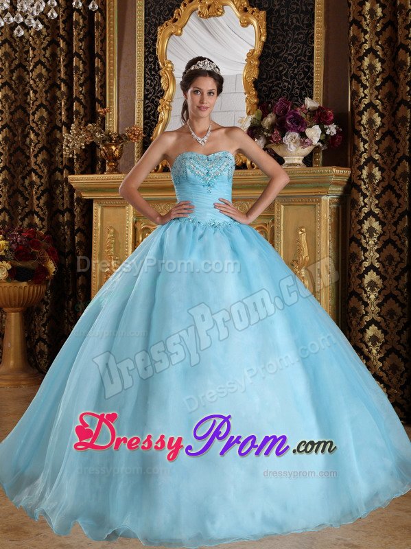 Beaded Organza Sweetheart Quinceanera Dress in Aqua Blue 2014