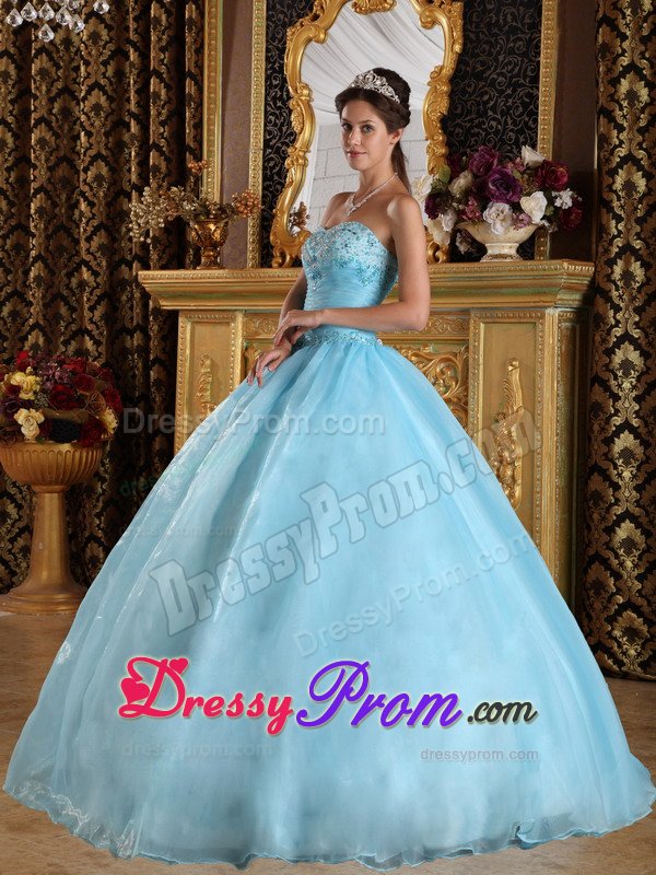 Beaded Organza Sweetheart Quinceanera Dress in Aqua Blue 2014