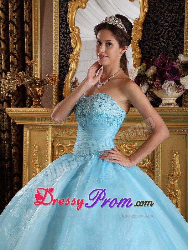 Beaded Organza Sweetheart Quinceanera Dress in Aqua Blue 2014
