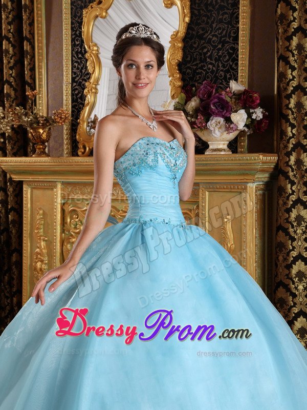 Beaded Organza Sweetheart Quinceanera Dress in Aqua Blue 2014