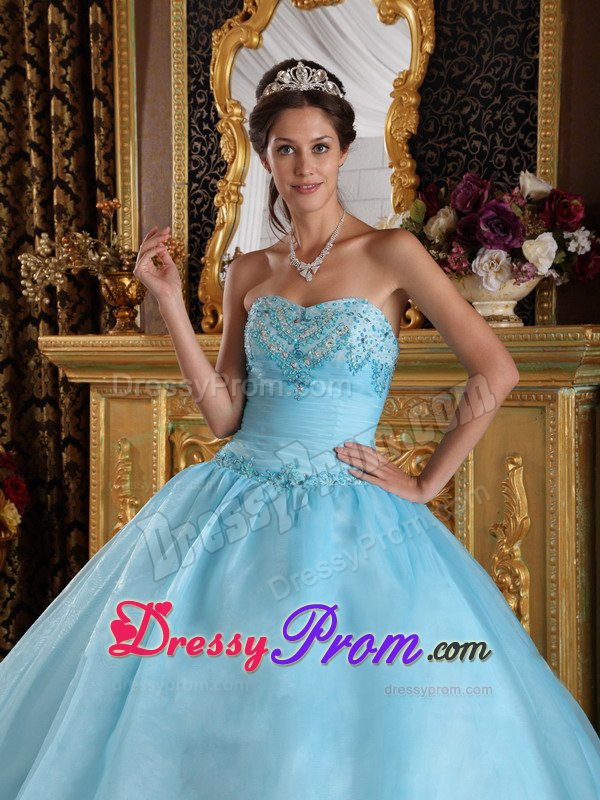 Beaded Organza Sweetheart Quinceanera Dress in Aqua Blue 2014