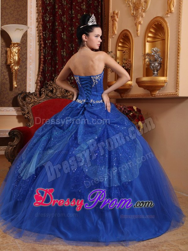 Appliqued and Sequined Blue Organza Sweetheart Quinceanera Dress