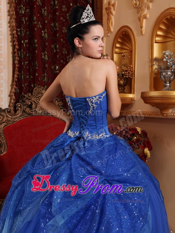 Appliqued and Sequined Blue Organza Sweetheart Quinceanera Dress