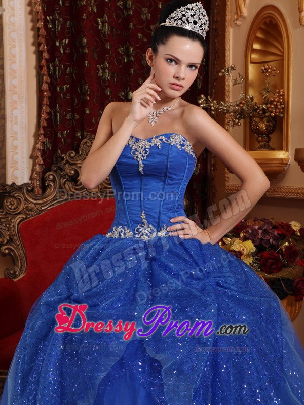 Appliqued and Sequined Blue Organza Sweetheart Quinceanera Dress