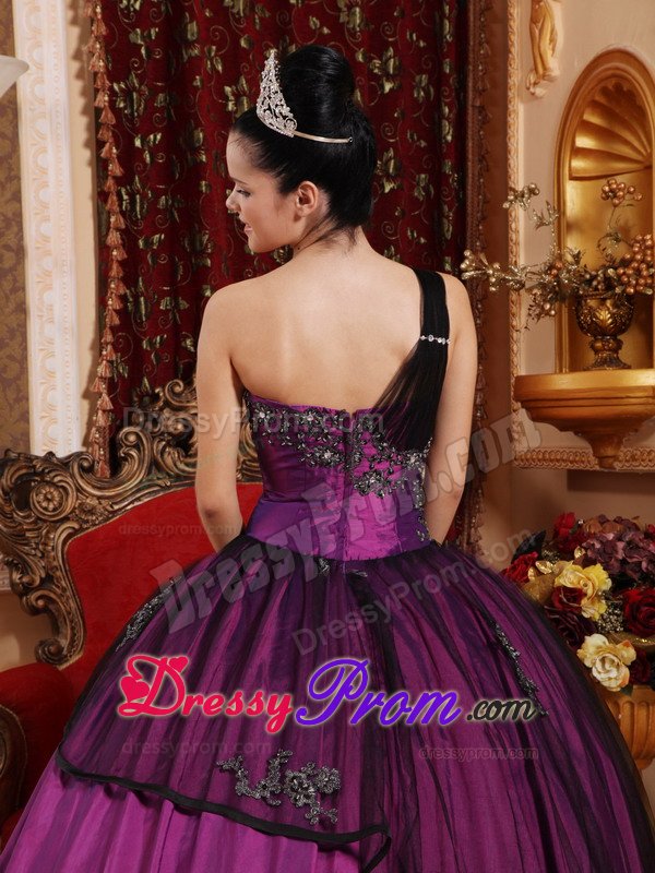 Purple and Black One Shoulder Quinceanera Dress with Appliques