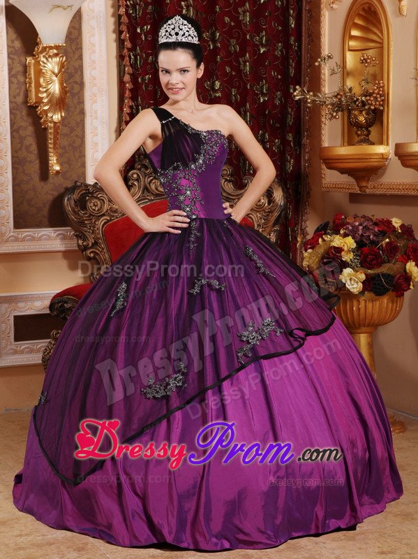Purple and Black One Shoulder Quinceanera Dress with Appliques