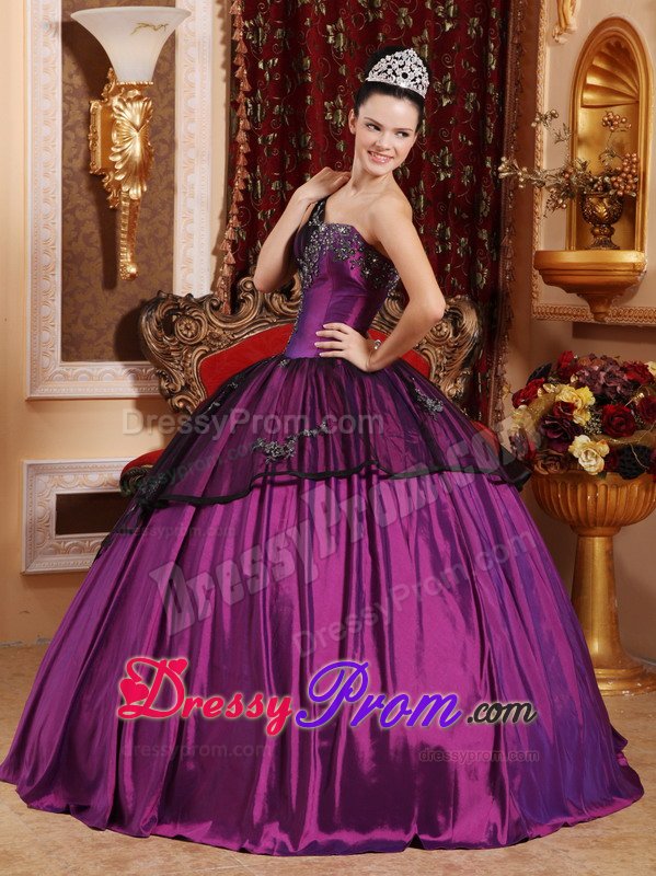Purple and Black One Shoulder Quinceanera Dress with Appliques
