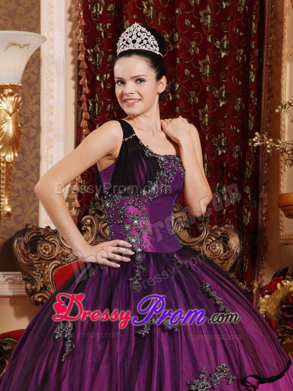 Purple and Black One Shoulder Quinceanera Dress with Appliques