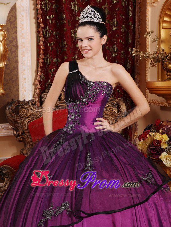 Purple and Black One Shoulder Quinceanera Dress with Appliques
