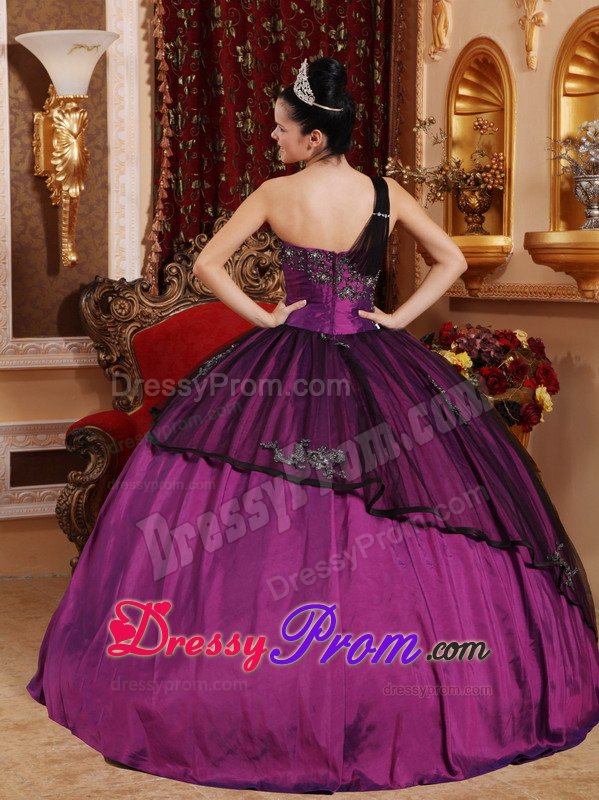 Purple and Black One Shoulder Quinceanera Dress with Appliques