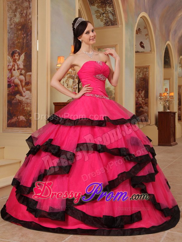 Hot Pink Sweetheart Appliqued Quinceanera Dress with Black Frills