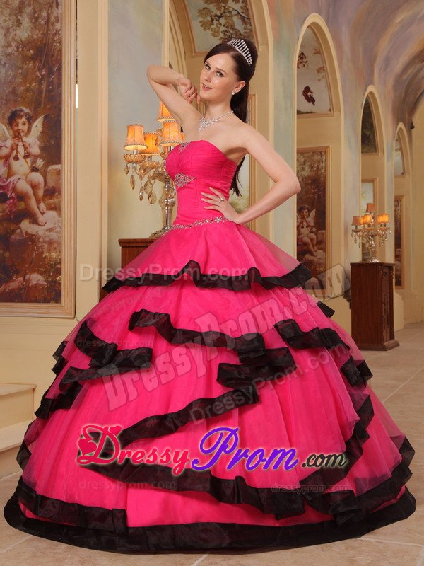 Hot Pink Sweetheart Appliqued Quinceanera Dress with Black Frills