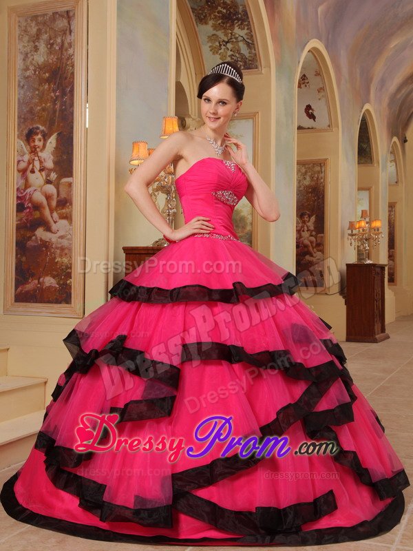 Hot Pink Sweetheart Appliqued Quinceanera Dress with Black Frills