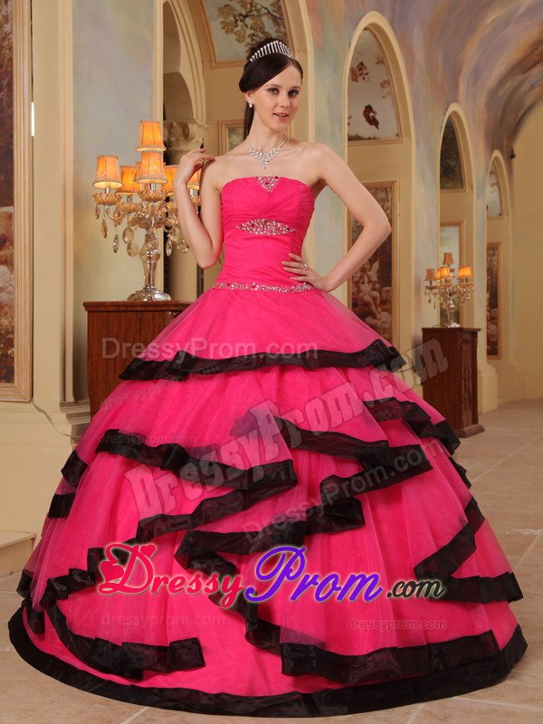 Hot Pink Sweetheart Appliqued Quinceanera Dress with Black Frills