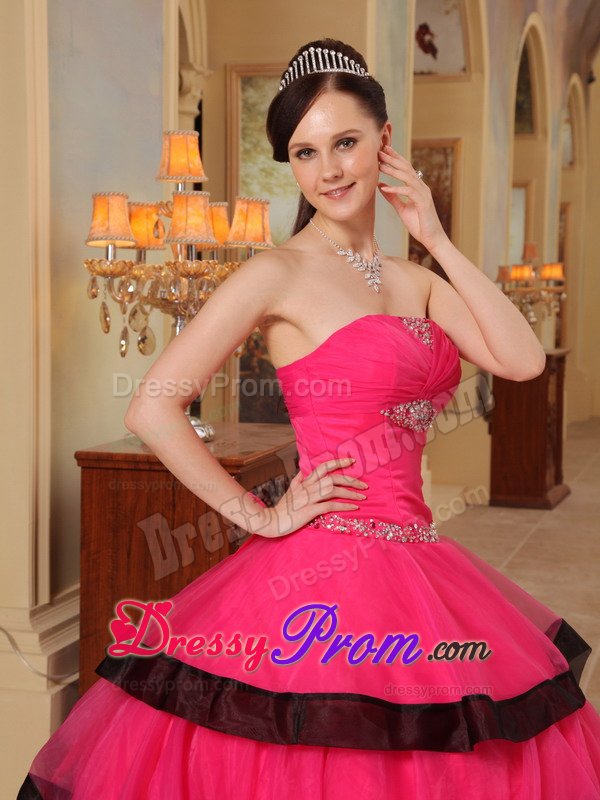 Hot Pink Sweetheart Appliqued Quinceanera Dress with Black Frills