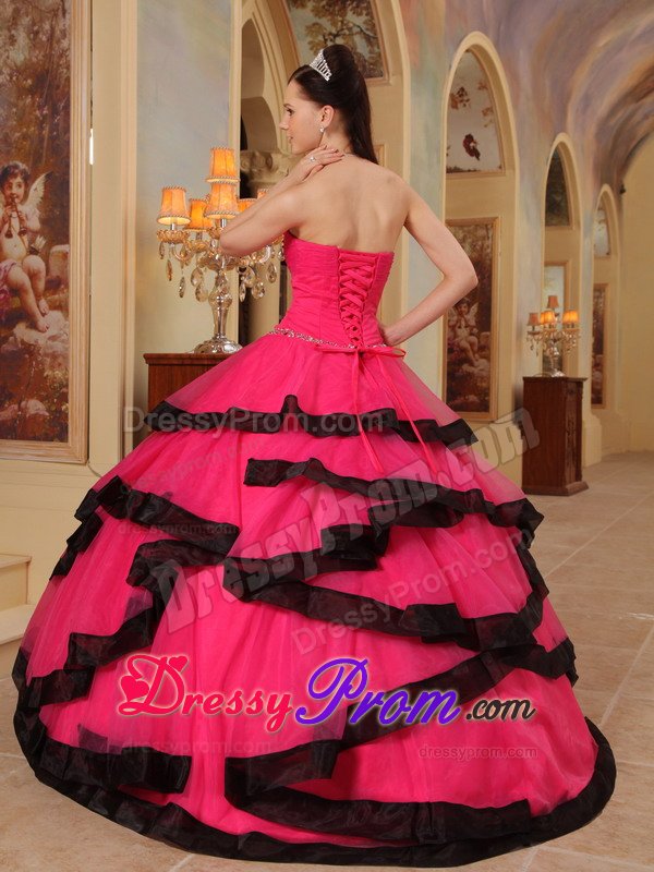 Hot Pink Sweetheart Appliqued Quinceanera Dress with Black Frills