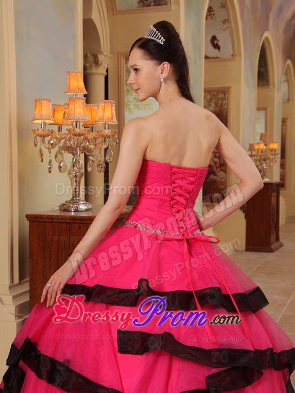 Hot Pink Sweetheart Appliqued Quinceanera Dress with Black Frills