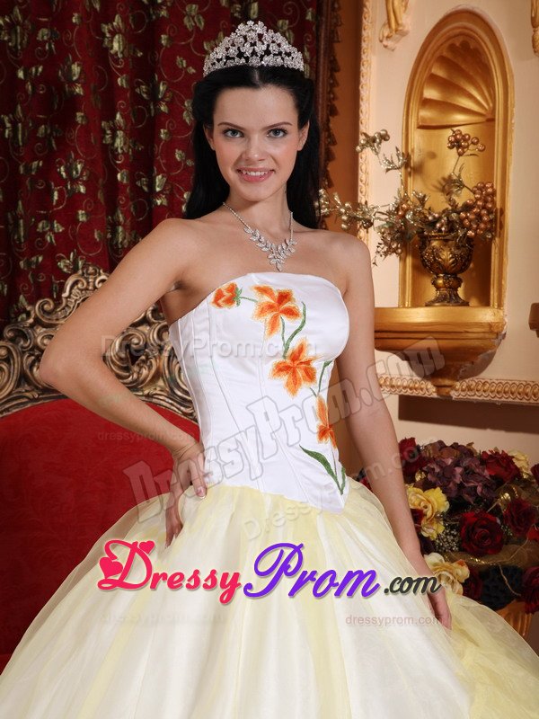 Light Yellow and White Organza Quinceanera Gown with Embroidery
