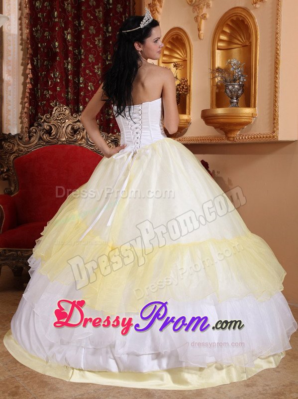 Light Yellow and White Organza Quinceanera Gown with Embroidery