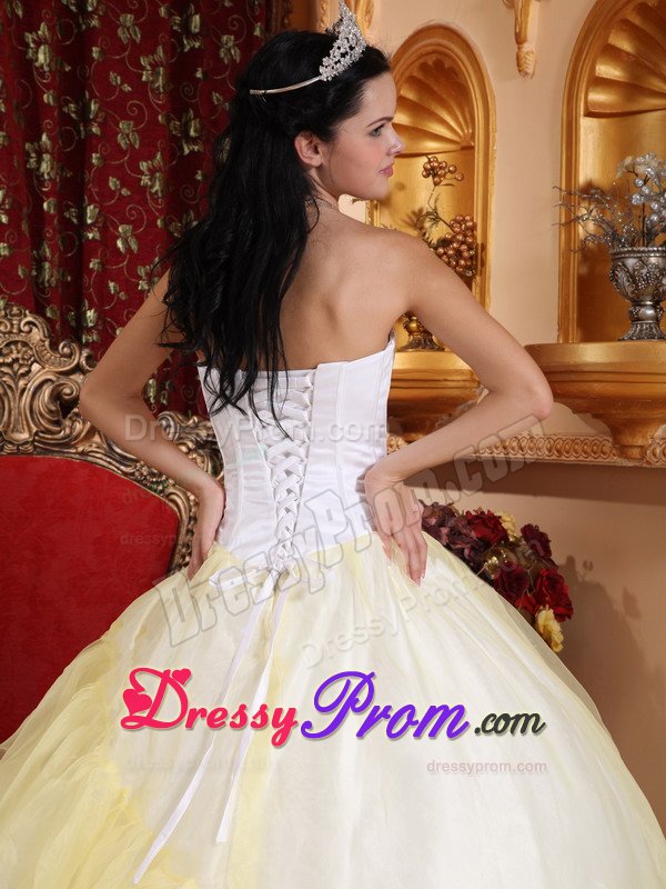 Light Yellow and White Organza Quinceanera Gown with Embroidery