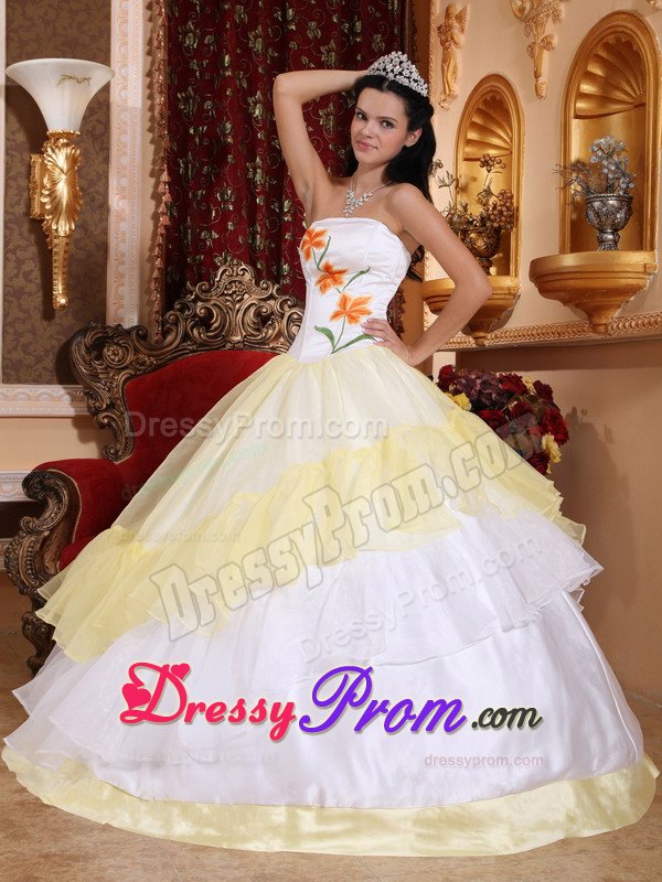 Light Yellow and White Organza Quinceanera Gown with Embroidery
